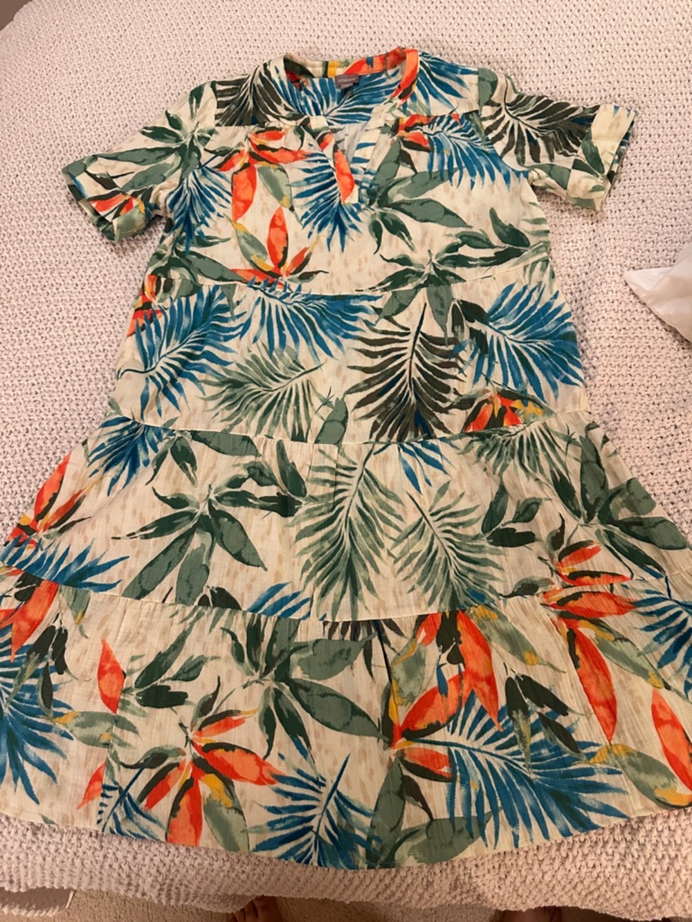 Chico's Tropical Leaf Tiered Dress in Green, Blue & Orange